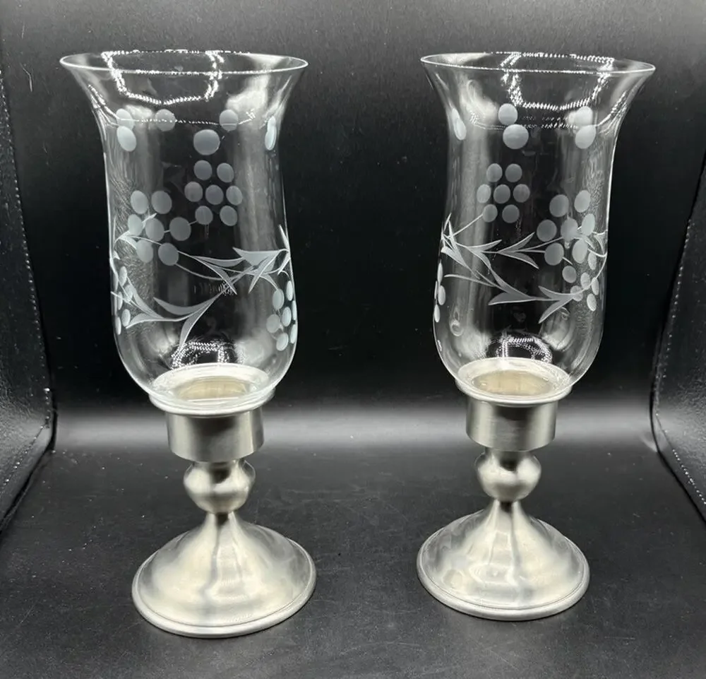 Kirk Weighted Pewter Candlesticks Etched Glass Hurricane Shades Set Of 2 -A95